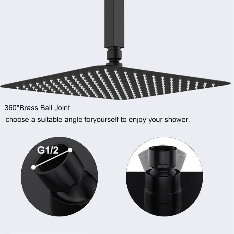 12-Inch Rainfall Shower Head - 304 Stainless Steel High-Pressure Ultra-Thin Water-Saving Shower Panel, Matte Black