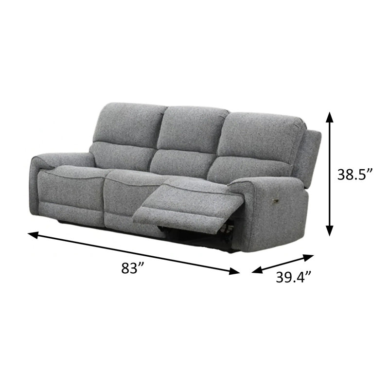 83" W Contemporary Power Sofa, Gray, Gray, 38.5" H x 83" W x 39.4" D