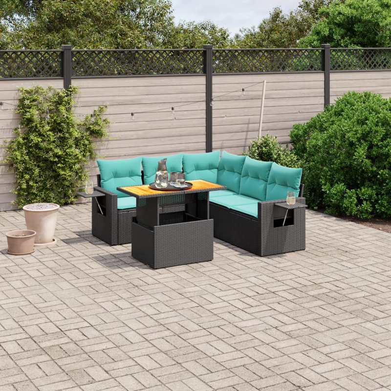  Ensemble de canapé de patio 6 pièces avec coussins en rotin de polyester, Noir, Vert