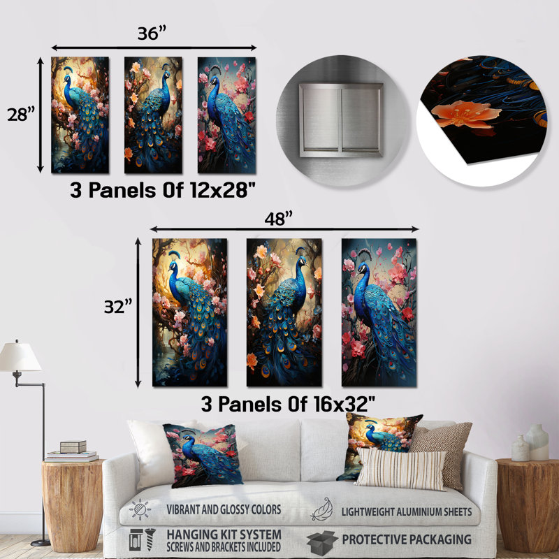 Fantaisie paon en fleurs enchantées - Paon, ensemble de 3 impressions sur métal, H 28 po x l 36 po