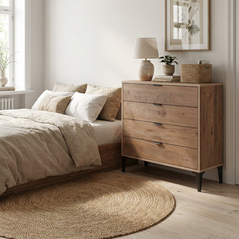 Commode de rangement à quatre tiroirs pour chambre à coucher avec poignées encastrées, Pin Atlas