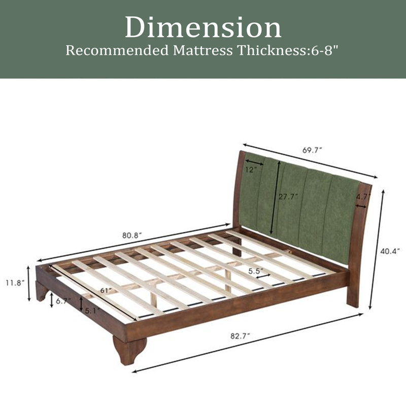 Cadre de lit en bois de pin de qualité supérieure, cadre de lit avec tête de lit inclus, lit Mid-Century moderne, Grand