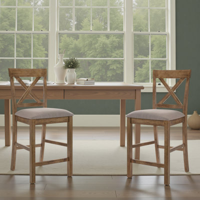 Ensemble de 2 chaises contemporaines à hauteur de comptoir - finition patinée et dossier en X revêtu de lin