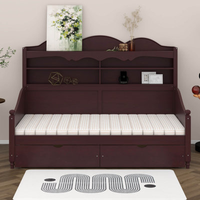 Twin Daybed With Storage Drawers, Wooden Twin Day Bed With Storage Headboard Shelving, Retro Style Daybed