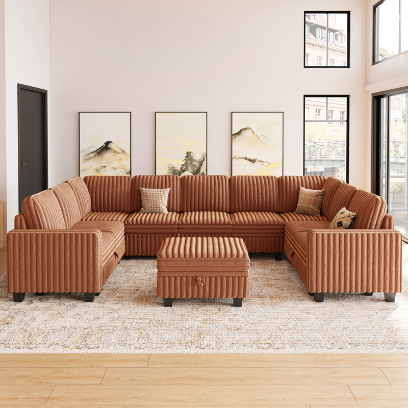 Storage Couch Large U - Shaped Faux Fur Sectional Sofa Modular  Sofa Bed With Ottoman, Brown Faux Fur