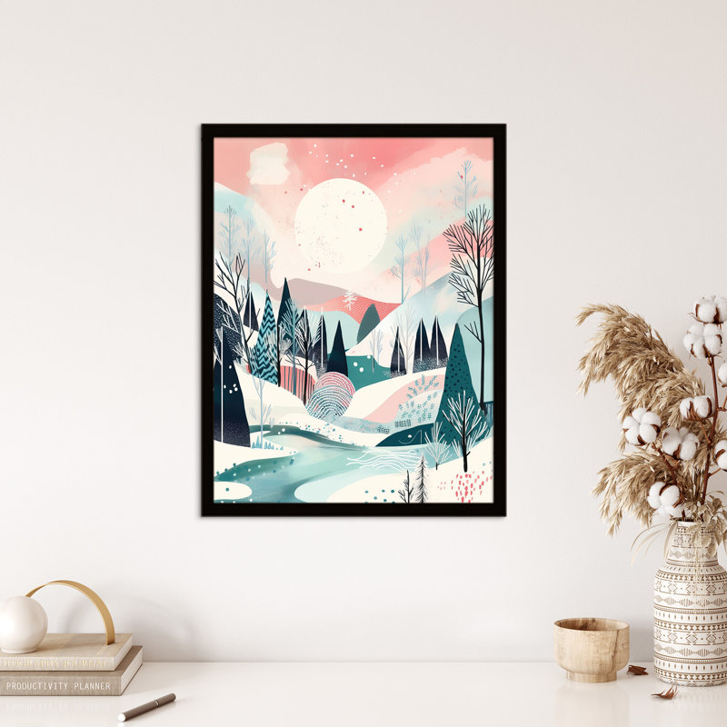 Sunrise Over Countryside Hills Boho Pink Teal Winter - Single Picture Frame Print