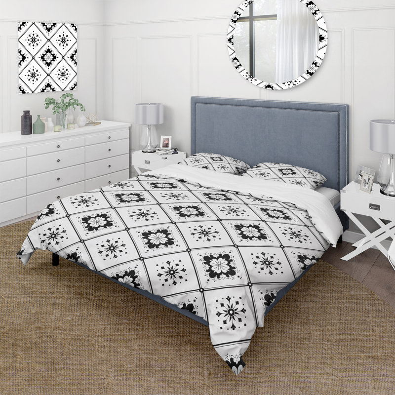 Ensemble de housse de couette à imprimé mosaïque noir et blanc traditionnel