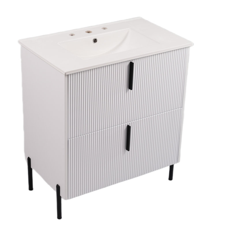 Meuble-lavabo 30 po avec lavabo, conception cannelée, tiroirs pleine extension, fermeture en douceur, Blanc