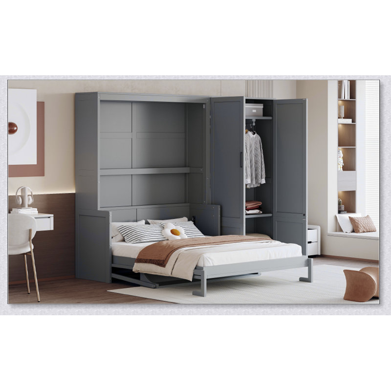 Grand lit escamotable mural avec placard, Gris