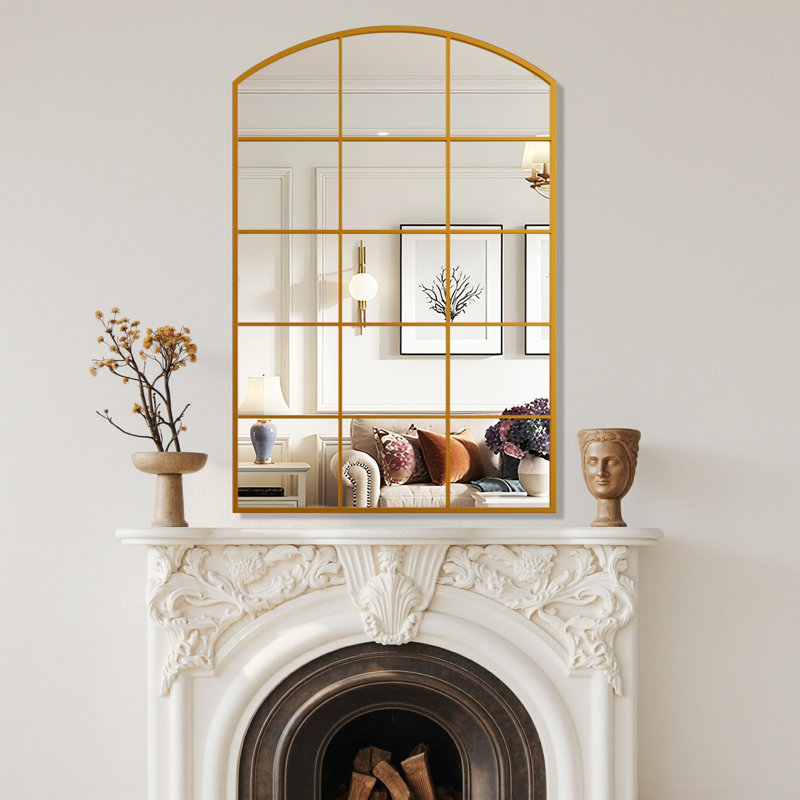 Grid Wall Mirror,arched Window Mirror,arched Wall Mantel Mirror For Living Room, Bedroom, Entryway, Gold, 24" x 36"