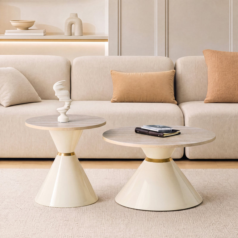 Living Room Table Set, Cream,  Beige Wood