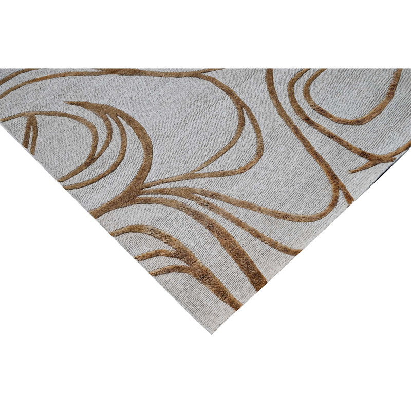 Hand Knotted Linen Abstract Area Rug in White/Beige, Rectangle 6' x 9'