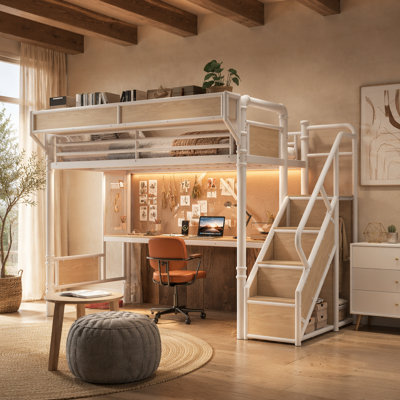Lit mezzanine simple en métal avec bureau intégré et prise de courant, bande à DEL, cadre de lit mezzanine en métal avec paniers de rangement en panneau perforé et en filet, escalier de rangement avec garde-robe, blanc