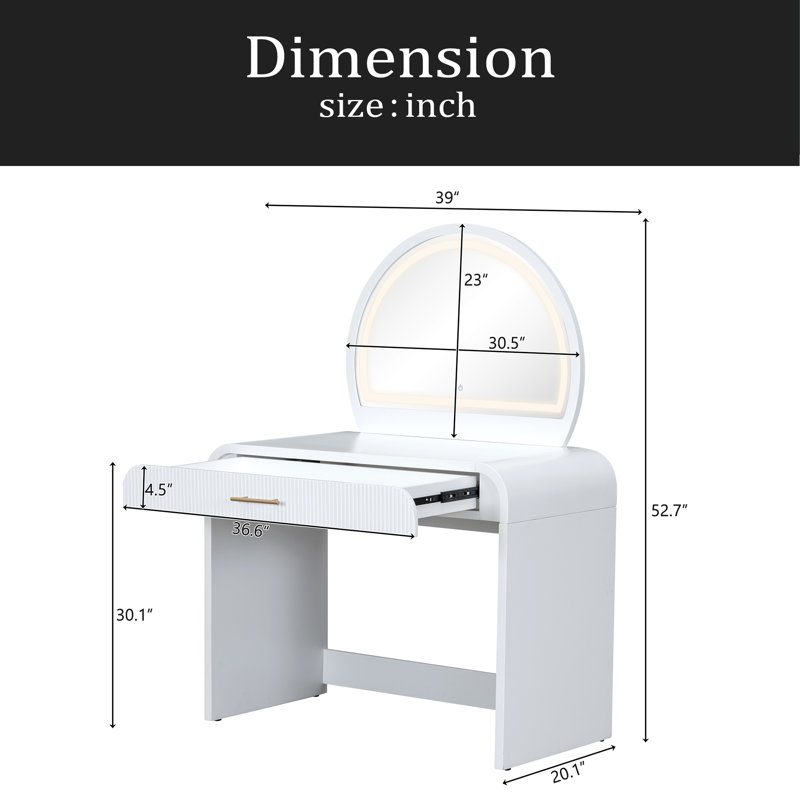 Table de coiffeuse 39 "avec miroir et miroir à écran tactile éclairé, coiffeuse avec tiroir pour chambre à coucher, blanc