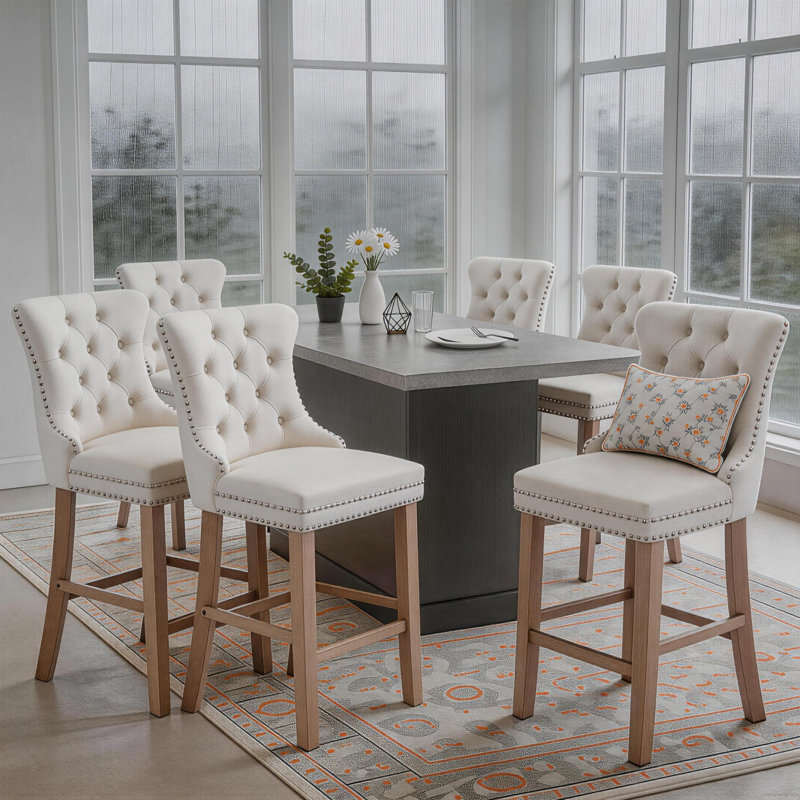 Modern Velvet Upholstered Counter Height Bar Stools (Set of 6), Beige