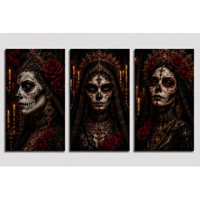 Grand ensemble de 3 crânes en sucre femme gothique, art mural Dia de los Muertos, impression sur toile 16 x 24 pouces - prête à être accrochée