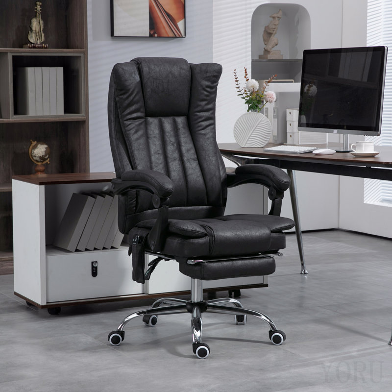 Microfiber Office Chair, High Back Computer Chair With 6 Point Massage, Heat, Adjustable Height And Retractable Footrest, Black