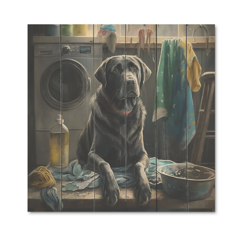 Santrice, chien assis sur la buanderie I - impression sur bois sans cadre, H 36 po x l 36 po x P 1,5 po