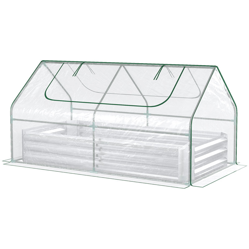 Outsunny 6' X 3' Galvanized Raised Garden Bed With Mini PVC Greenhouse Cover, Outdoor Metal Planter Box With 2 Roll-Up Windows For Growing Flowers, Fruits, Vegetables And Herbs, Silver