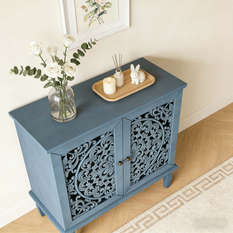 Buffet antique 2 portes avec sculptures florales, Bleu antique