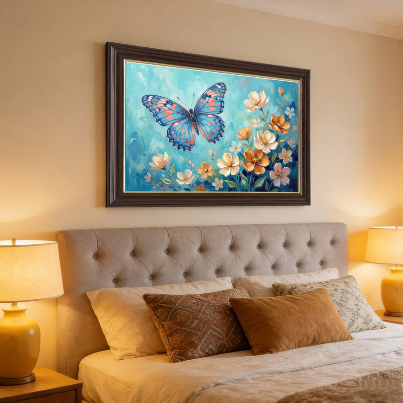 "Blue Butterfly" avec taches roses et fleurs orange, 16"H x 24"W