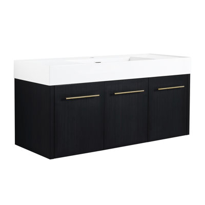 Meuble-lavabo de salle de bain avec lavabo mural 48 po. Châtaignier noir. Bassin en résine épaisse, charnières lisses, meuble-lavabo en contreplaqué, ton de châtaignier de 48 po, unité