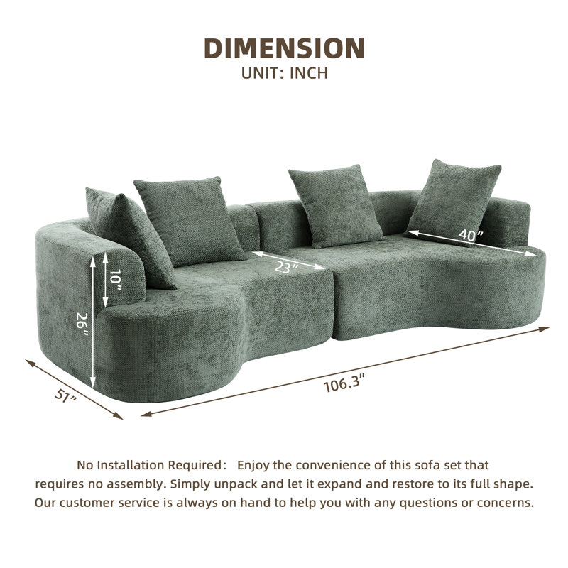 106.3‘’curved Sectional Sofa, Boucle Fabric Sectional Sofa Couch, Fabric Upholstery Couch For With Pillows For Living Room Office,apartment No Assembly Required