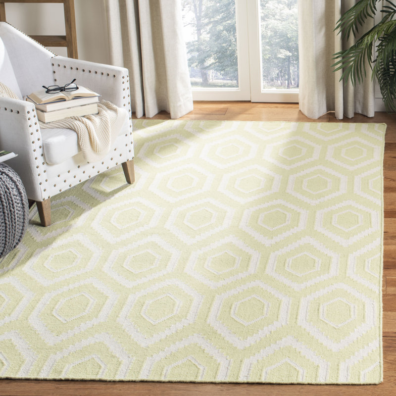 Dhurries Hand Woven Flat Weave Wool/Cotton Geometric Rug in Ivory/Green, Rectangle 8' x 10'