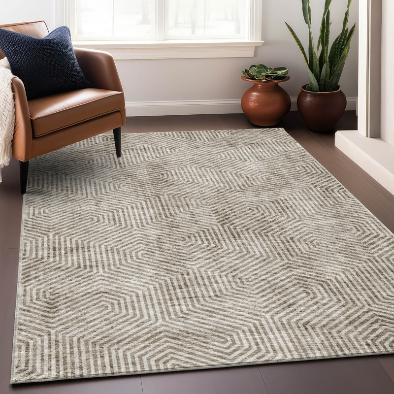 Tapis taupe Prisco lavable à la machine de qualité supérieure, Rectangulaire 8 pi x 10 pi