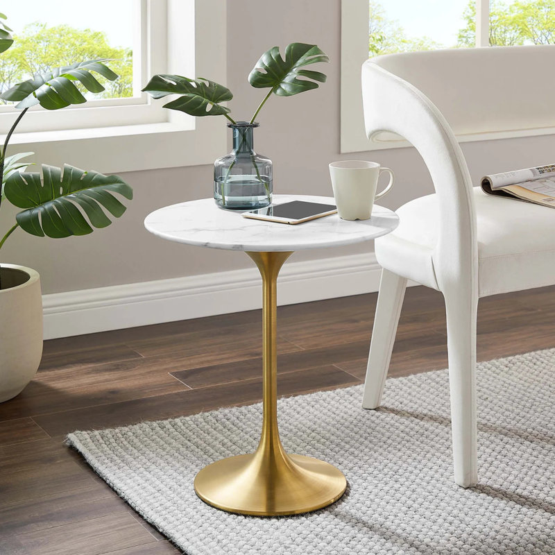 Table d'appoint ronde en marbre artificiel Lippa, Blanc, Doré