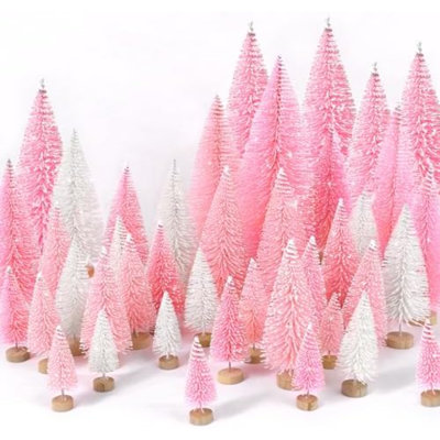 30Pcs Mini Christmas Trees Artificial Christmas Tree Bottle Brush Trees With Wooden Base For Christmas Decor Christmas Party Home Table Craft Decorations(Pink+White)