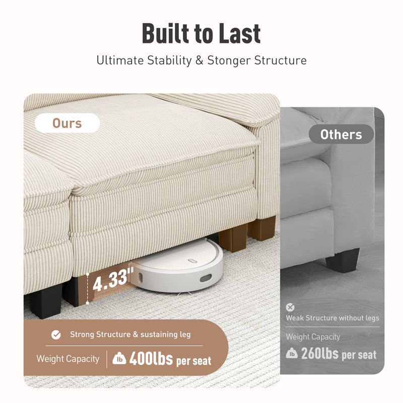 88" Modular Sectional Loveseat Couches for Living Room, 3-Seater Deep Seat Sofa with Ottoman, Ivory Corduroy