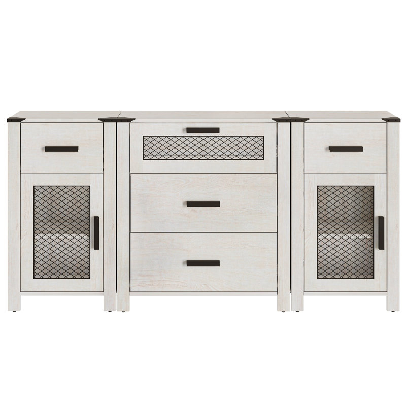 Meuble télé avec 5 tiroirs et 2 portes de rangement, commode avec tablette réglable, blanc antique