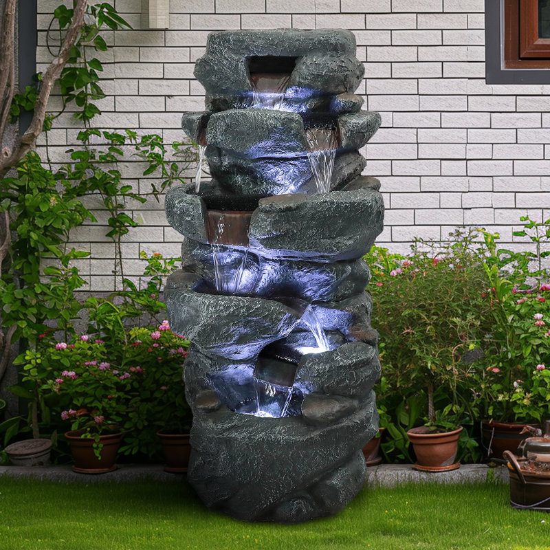 Fontaine à roches 40,5 po avec lumières - Fontaine extérieure à 6 niveaux