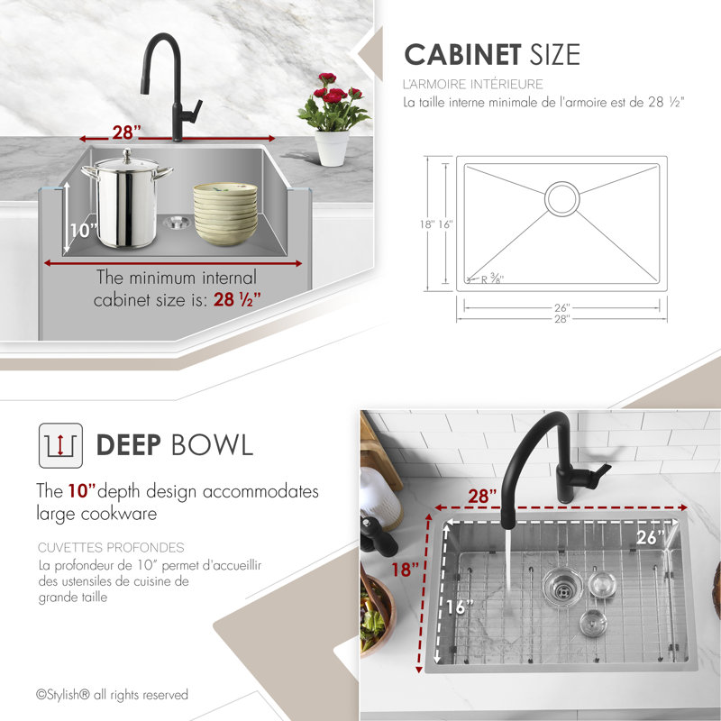 Stylish Dual Mount 28" Single Bowl Stainless Steel Kitchen Sink with Grid and Strainer