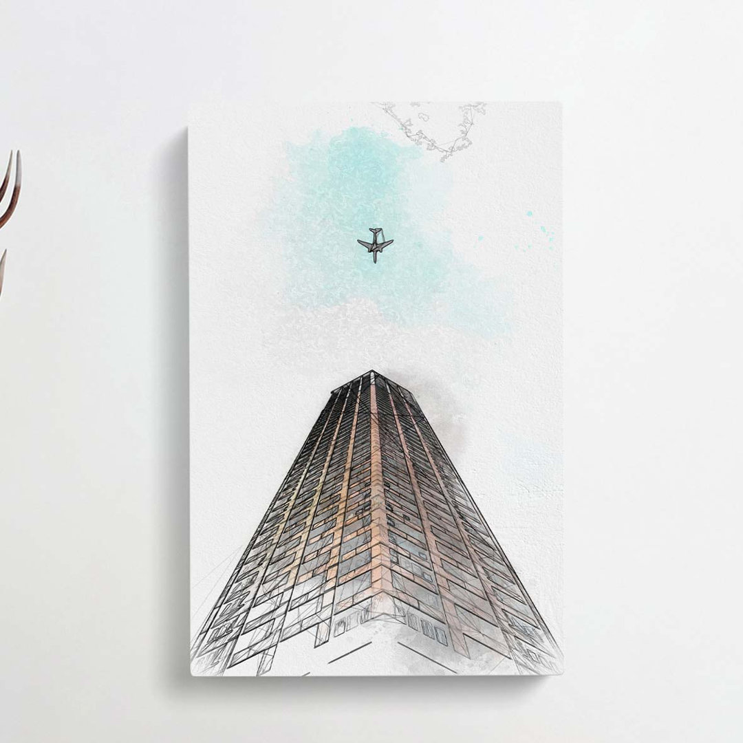 Airplane Flying Above Tokyo in Abstract - Wrapped Canvas