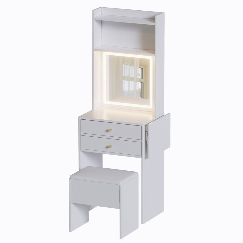 Small Space Vanity Table Set with 3 Adjustable Lighted Mirror & Storage Chair