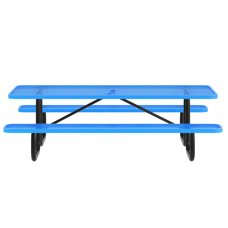 Kristy Commercial Grade Expanded Mesh Metal Outdoor Picnic Table with Anchors, 30" H x 95.75" W x 57.5" D, Blue