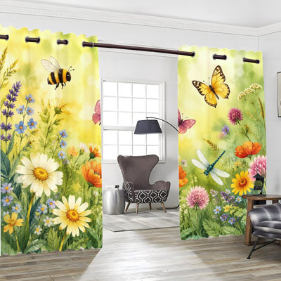 2 PCS à œillets avec motif floral d'inspiration florale d'insectes et de rideaux obscurcissant avec rideaux occultant et isolant thermique