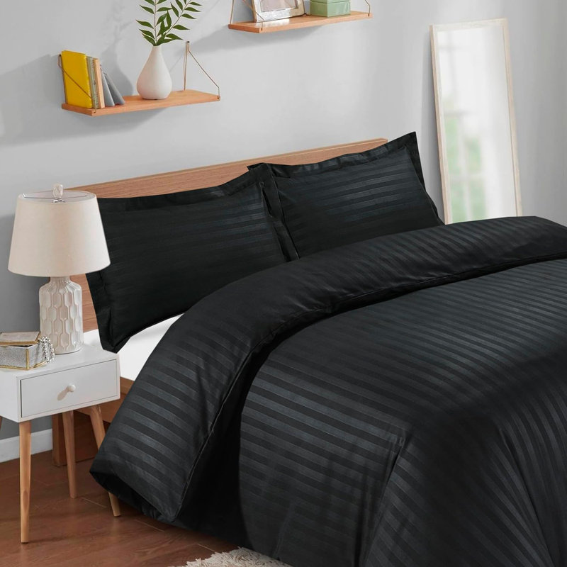 Neacsu Microfiber Striped Duvet Cover Set with Pillowcases, Black, Double Duvet Cover + 2 Standard Pillowcases
