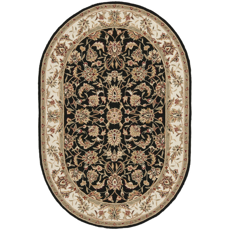 Tapis vert / noir en laine crocheté à la main Helena, Ovale 7 pi 6 po x 9 pi 6 po