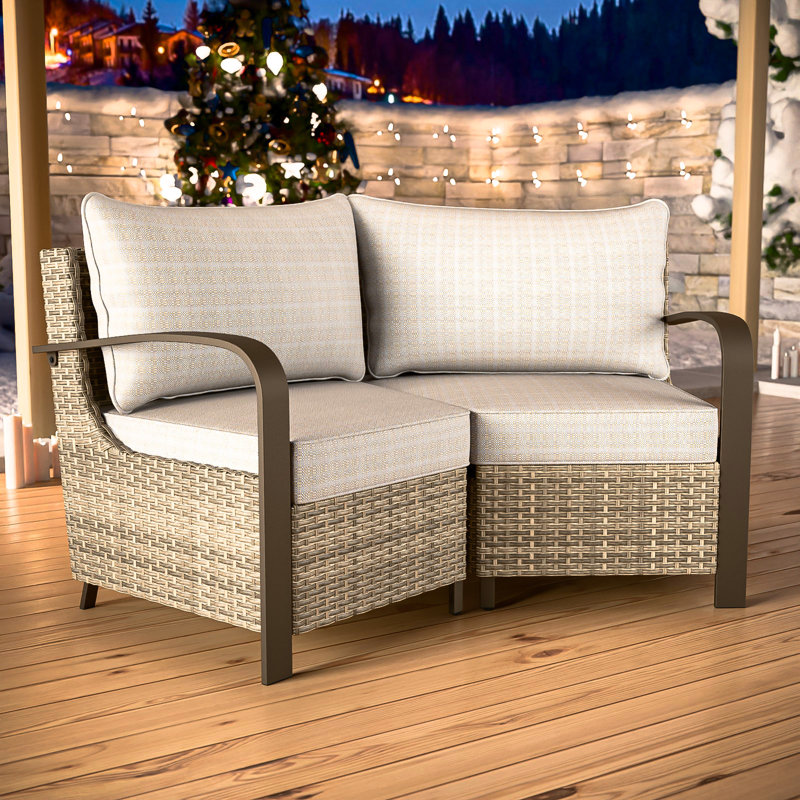 2-Piece Patio Wicker Sectional Seating Group Sofa, Metal Curved Armrest, Beige