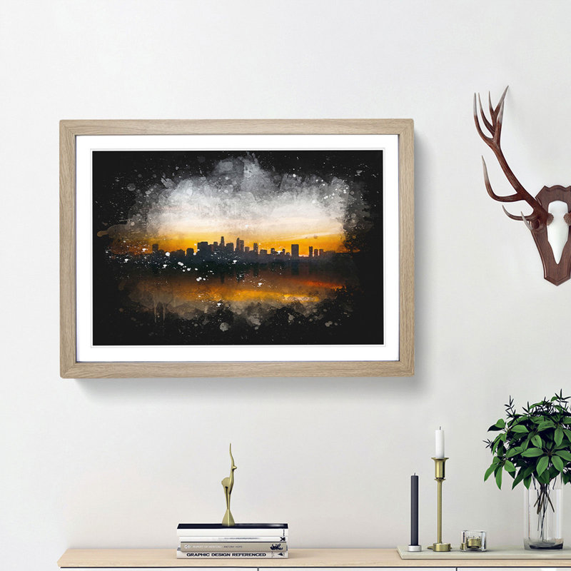 Sunrise over Los Angeles Skyline - Picture Frame Graphic Art Print, Oak Framed, 45cm H x 63cm W x 2cm D