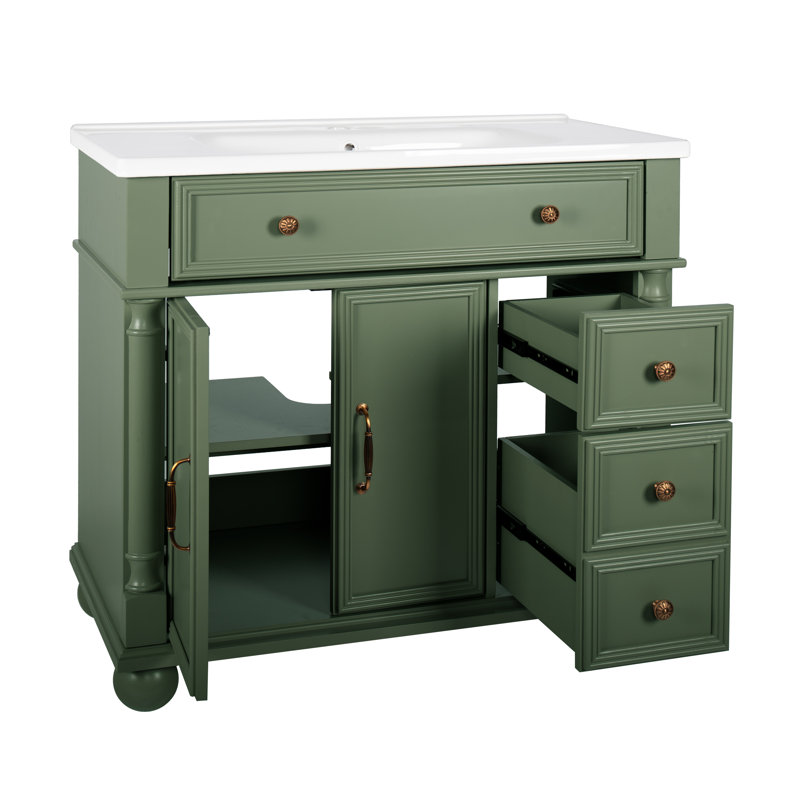 Meuble-lavabo de salle de bain avec lavabo et poignées en métal, Vert