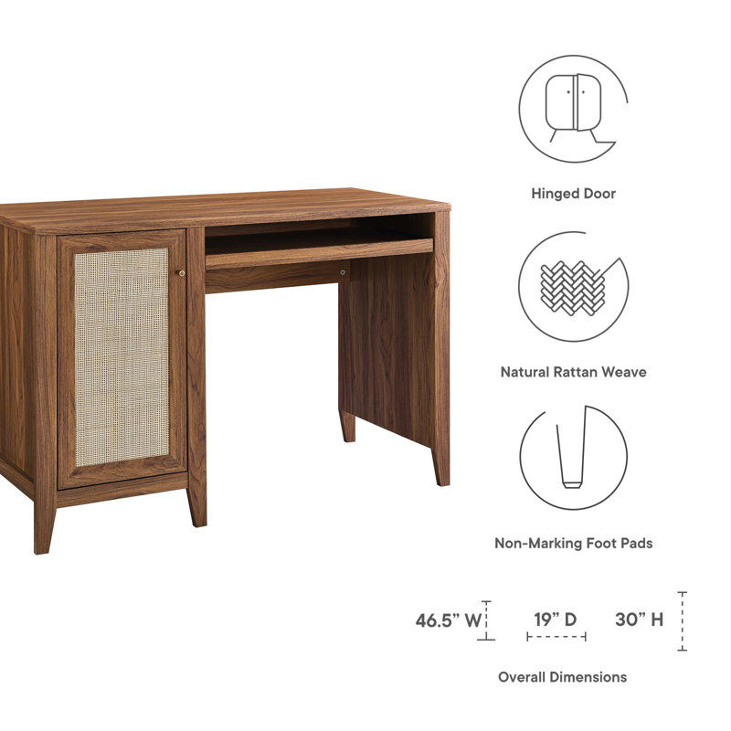 Walnut Wood Office Desk with Rattan Door and Keyboard Tray