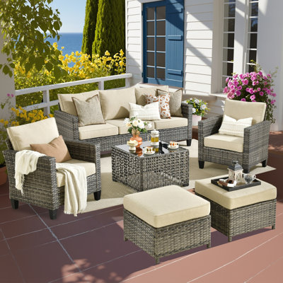 All - Weather Wicker Outdoor Furniture SetComfortable 6- Piece Patio Seating Group with Sofa & Illuminated Coffee Table