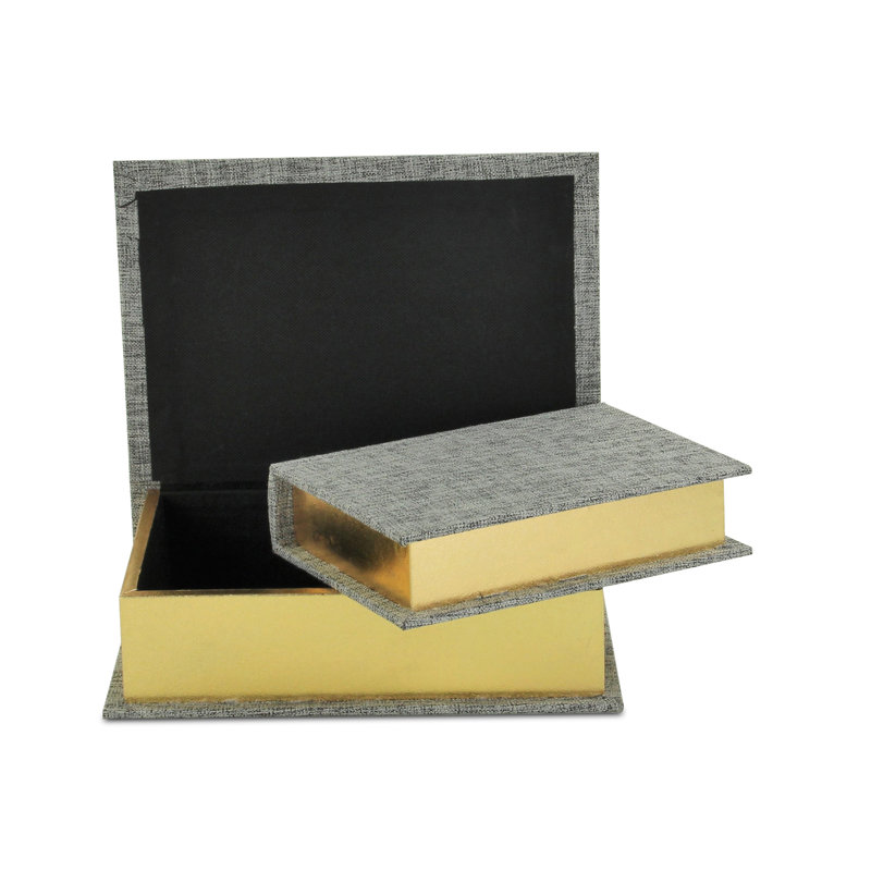 Gray Fabric Lidded Book Box Set with Gold-Finished Pages