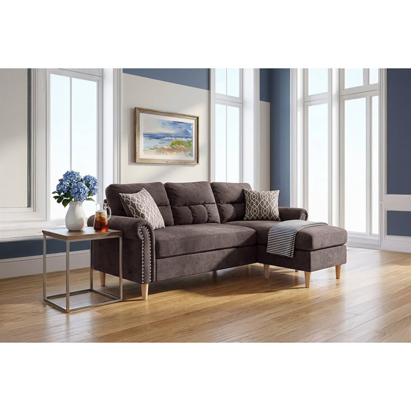 Ensemble canapé sectionnel, 221 cm L x 150 cm P x 91 cm H, velours, 1 pièce, beige, méridienne réversible avec 2 coussins à double motif