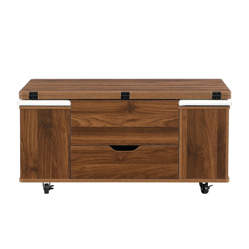 Table basse multifonctionnelle à plateau relevable avec rangement et tabourets cachés, table centrale moderne multifonctionnelle avec 4 tabourets et roulettes, parfaite pour les espaces de vie modernes - couleur noyer et blanc