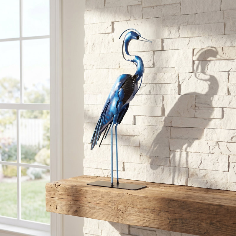 21"H Handmade Metal Heron Statue, 100% Hand-Painted Bird Figurine Décor, Rustic Handicraft Artwork For Bird Lovers, Blue